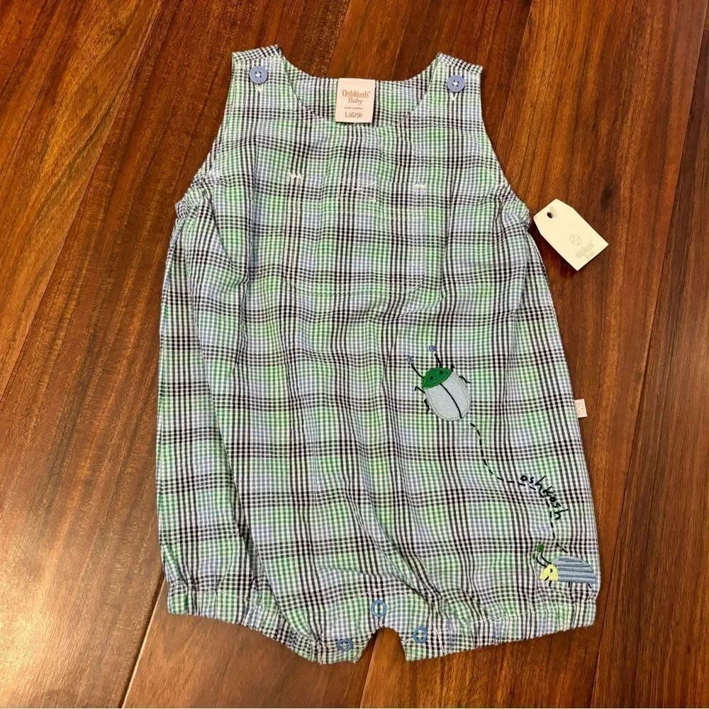 OshKosh Baby vintage y2k seersucker embroidered bugs blue/green plaid romper NWT